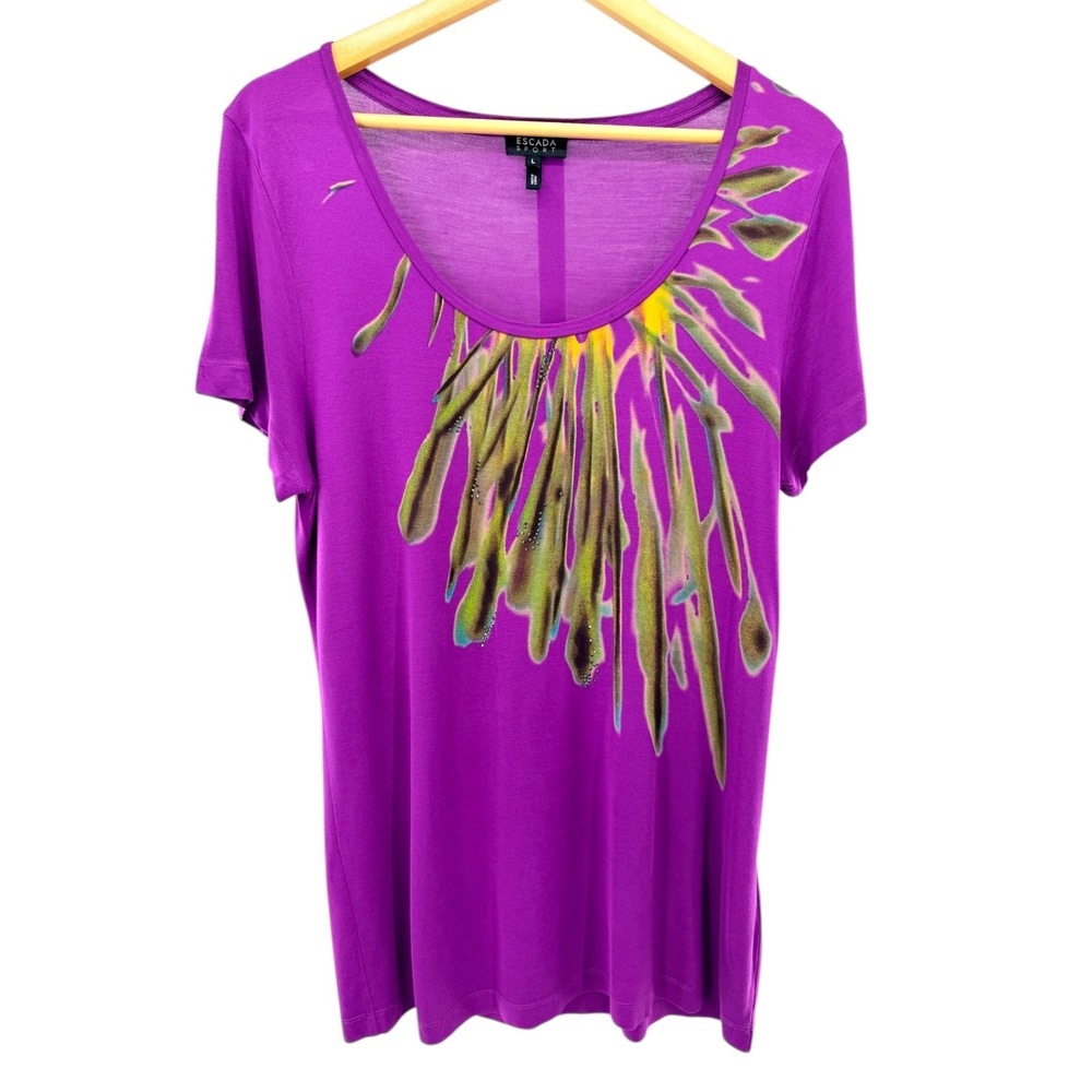 Escada Sport Womens Lila Purple Abstract Beaded Scoop Neck‎ Tee Shirt Large